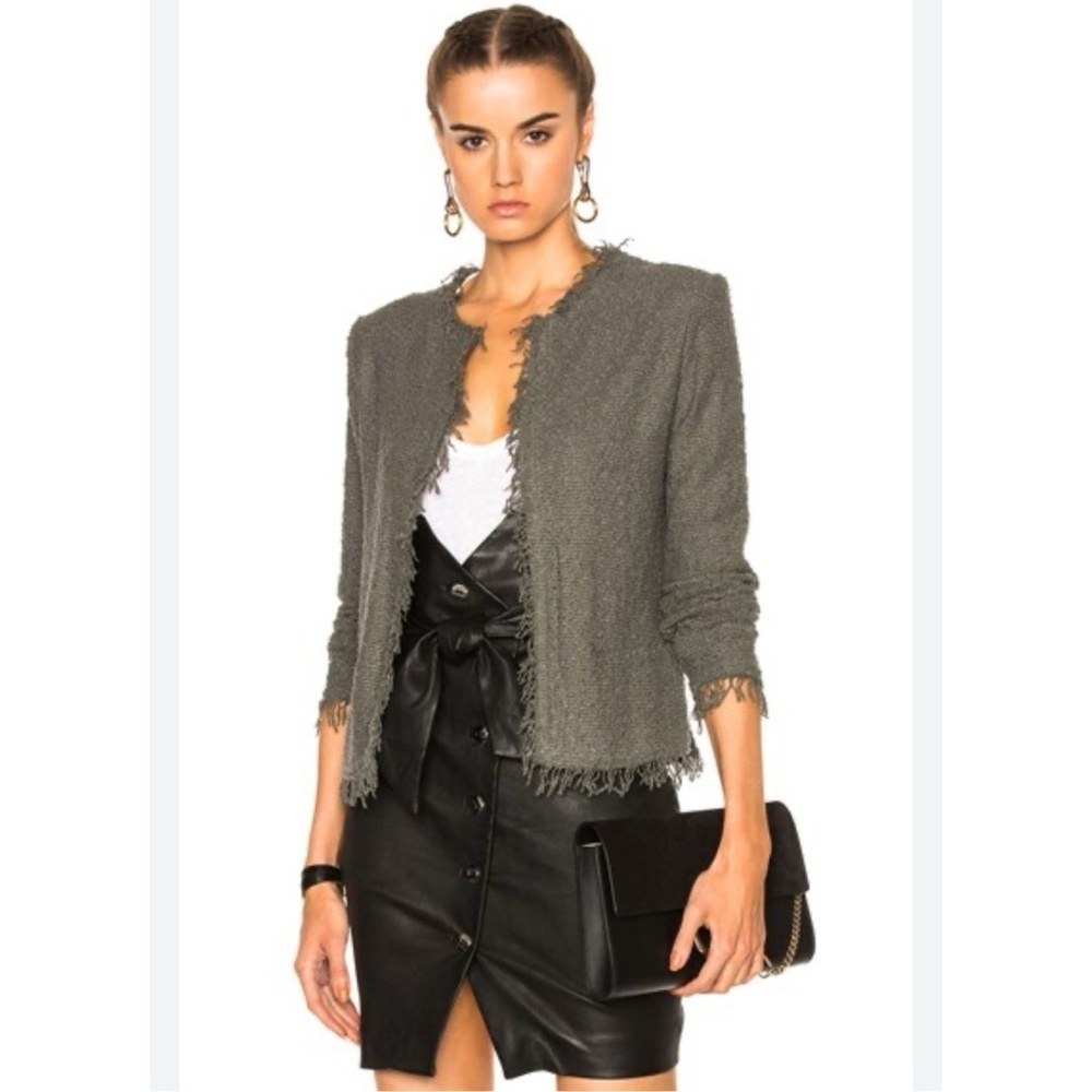 IRO Paris Olive Green Shavani Fringe Bouclé Blazer Jacket Size 40 US 8